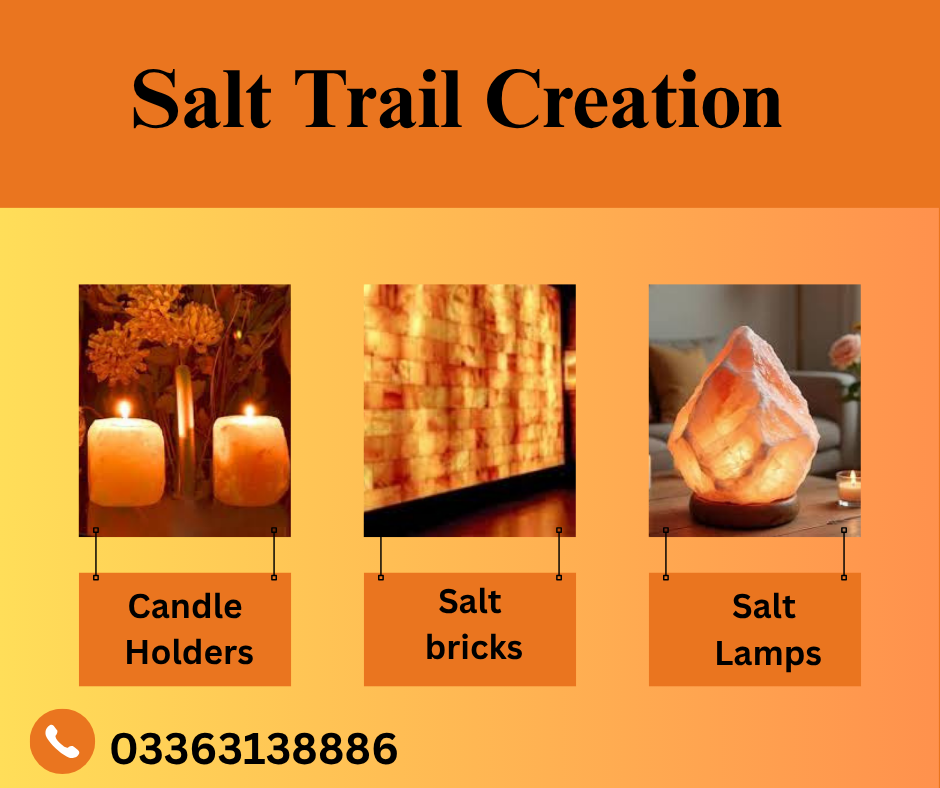 Salt Trail Creation brand banner featuring Himalayan salt candle holders, pink salt bricks wall design, and handcrafted Himalayan salt lamp for natural home décor